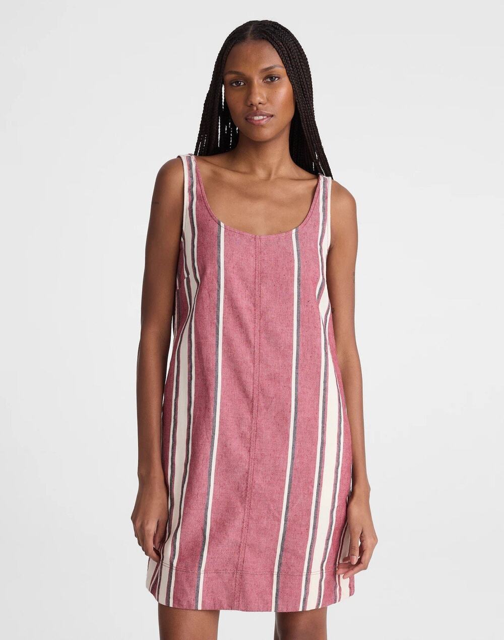 Madewell Striped Linen Blend Sleeveless Shift Mini Dress XXS Burgundy Ivory